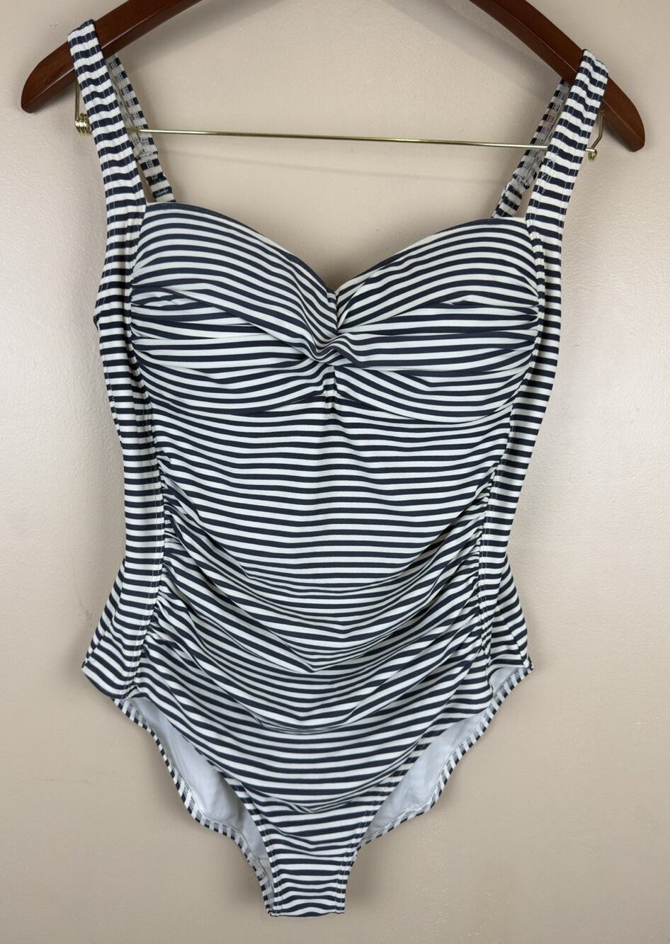 Bond-Eye Australia Women’s One Piece Swimsuit Navy White Striped Ruched Fit 10